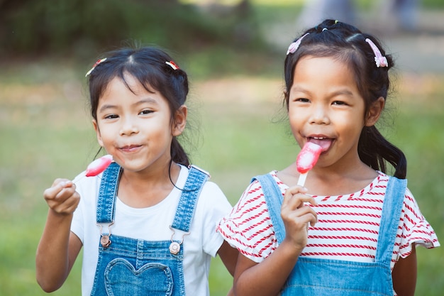 Dos muchachas asiáticas lindas del niño que comen el helado juntos en el parque