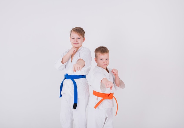 Dos muchachos en un kimono blanco de pie en una pose sobre una pared blanca