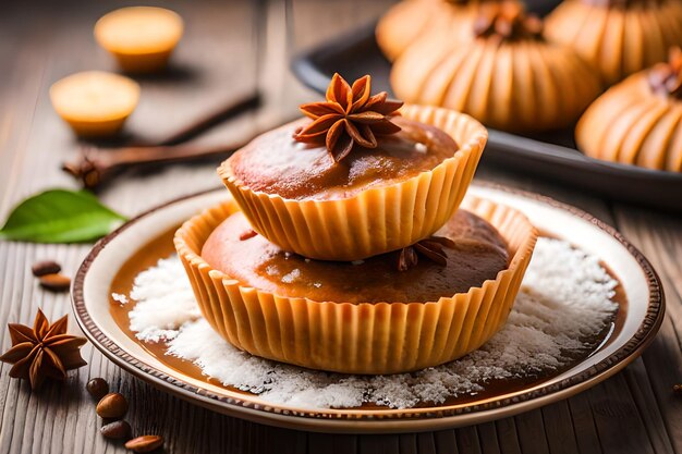 Dos muffins de chocolate en un plato con un plato de copos de coco.