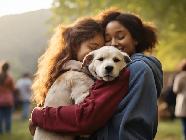 dos mujeres abrazadas y una tiene un perro en el brazo