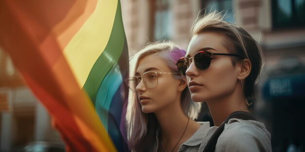 Dos mujeres se abrazan en un beso Bandera LGBTQ en el fondo cintas de colores en cascada IA generativa