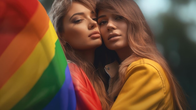 Dos mujeres se abrazan frente a una bandera arcoíris que simboliza la comunidad LGBT generada por IA