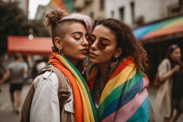 Dos mujeres abrazándose en una calle.