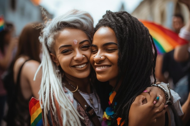 Dos mujeres abrazándose y sonriendo a la cámara.