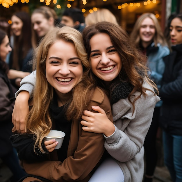 dos mujeres abrazándose una tiene una taza de café en la mano