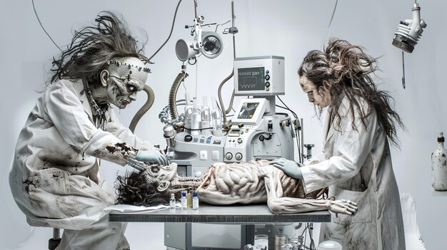 Foto dos mujeres con abrigos blancos están trabajando en un dispositivo médico