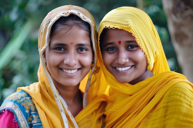 Foto dos mujeres de la aldea indias que sonríen felizmente hembra en traje tradicional de sari al aire libre borroso bg