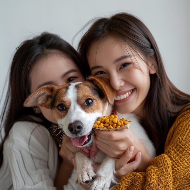 Foto dos mujeres asiáticas con un perro pequeño