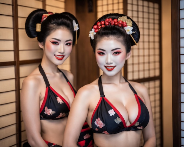 Foto dos mujeres asiáticas con trajes de geisha posando para la cámara