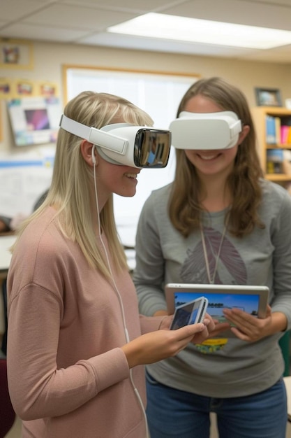 Foto dos mujeres con auriculares de realidad virtual en un aula