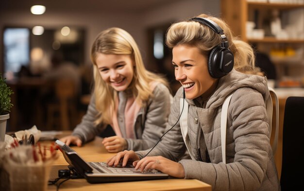 Dos mujeres con auriculares y usando una computadora portátil IA generativa