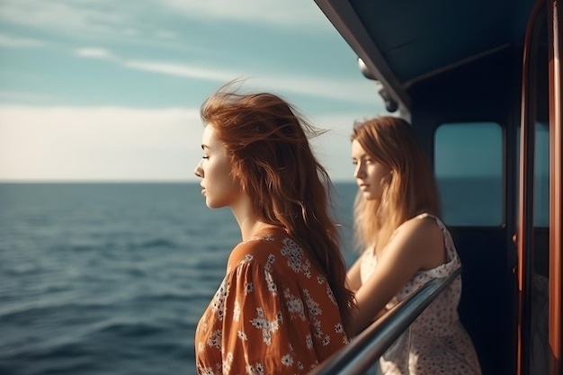 Dos mujeres en un barco mirando al mar