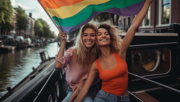 Dos mujeres en un barco sosteniendo una bandera arco iris