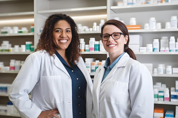 Dos mujeres con batas de laboratorio paradas en una farmacia. IA generativa