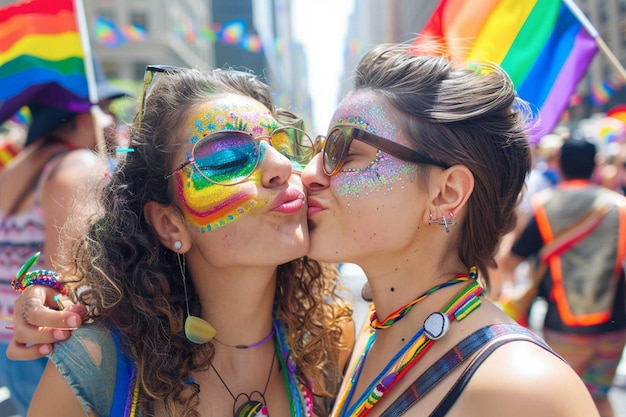 dos mujeres se besan frente a una bandera arco iris