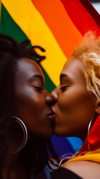 Dos mujeres se besan frente a una bandera del arco iris