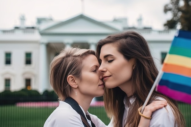 Foto dos mujeres se besan frente a la casa blanca