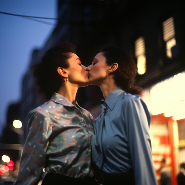 dos mujeres se besan frente a un edificio con una mujer besándose.
