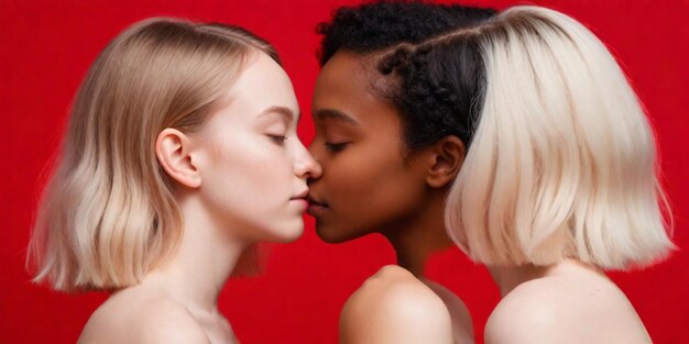 Foto dos mujeres se besan frente a un fondo rojo