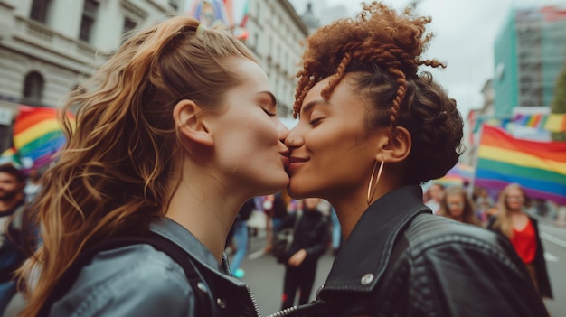 Dos mujeres besándose en un desfile del orgullo ojos cerrados labios tocándose expresando amor y afecto