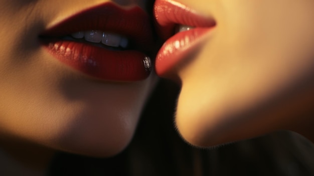 Foto dos mujeres besándose con los labios rojos