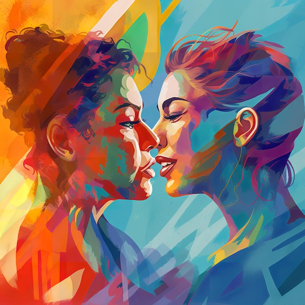 Dos mujeres besándose con un toque de los colores del arco iris celebrando el día del orgullo LGBT