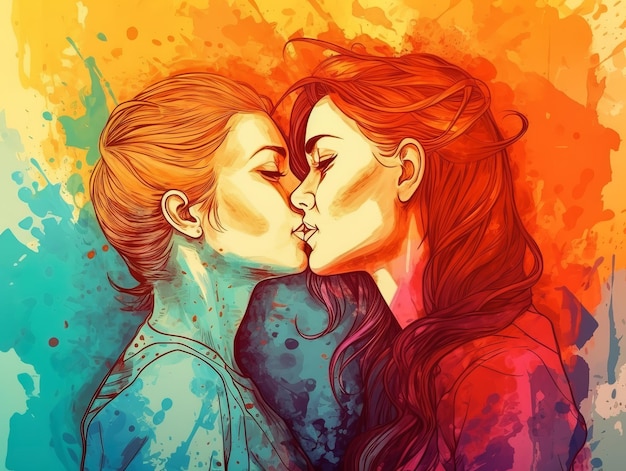 Dos mujeres besándose con un toque de los colores del arco iris celebrando el día del orgullo LGBT