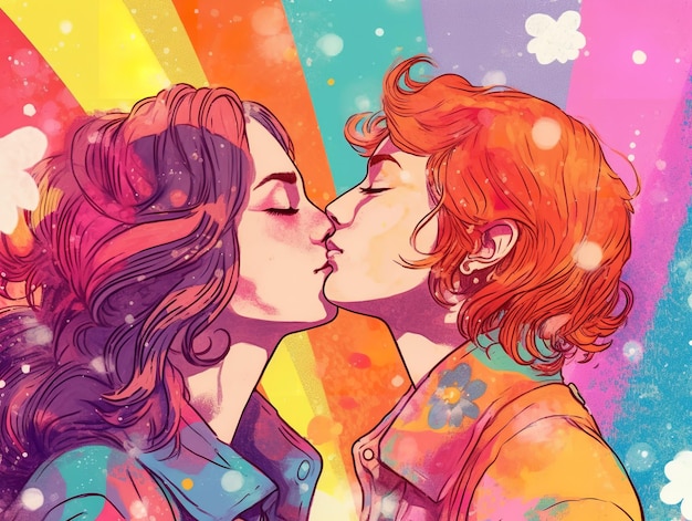 Dos mujeres besándose con un toque de los colores del arco iris celebrando el día del orgullo LGBT