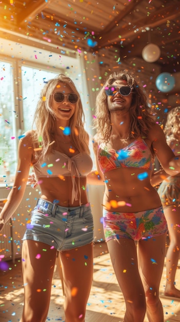 Dos mujeres en bikini y gafas de sol bailando en una fiesta.