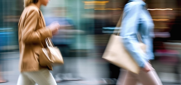 Dos mujeres borrosas en movimiento con bolsas en la calle de la ciudad