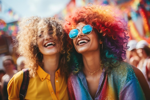 Dos mujeres con cabello vibrante y colorido de pie una al lado de la otra Diversidad amistad