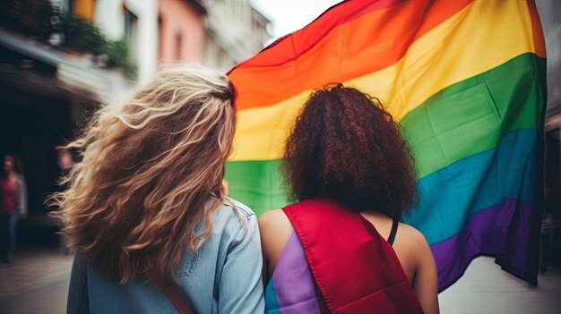 Dos mujeres caminando por una calle con una bandera arco iris