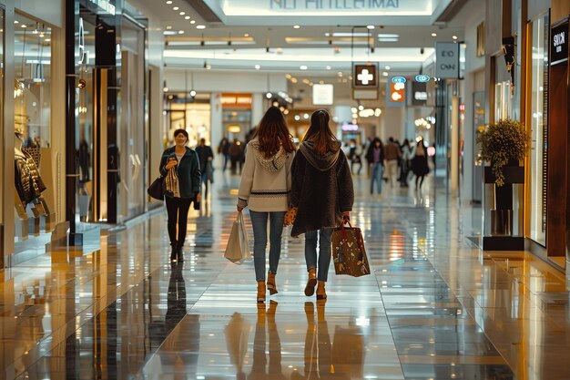 Foto dos mujeres caminando por un centro comercial con bolsas de compras