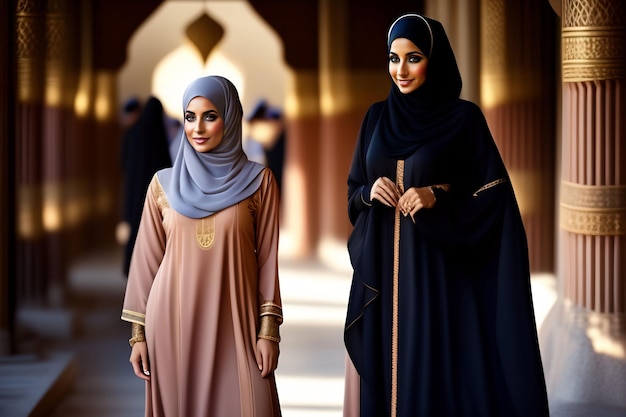 Dos mujeres caminando en una mezquita, una de las cuales lleva hiyab.