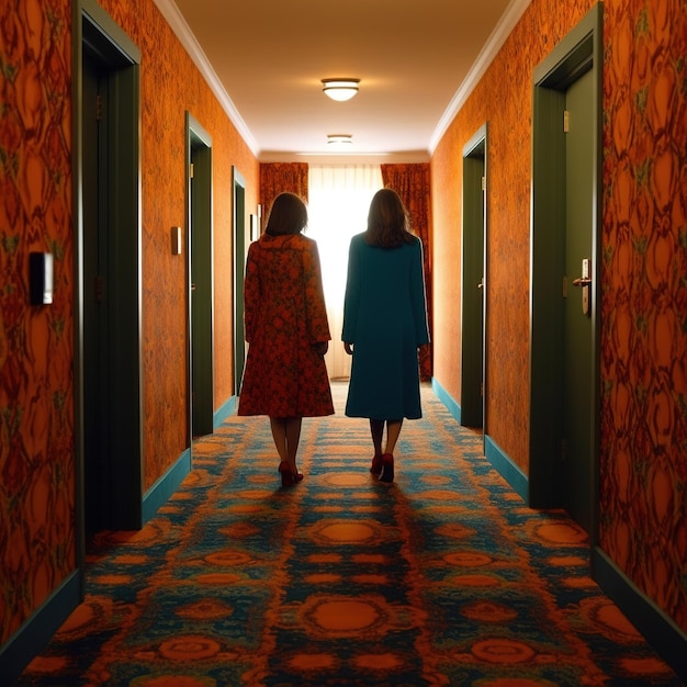 Dos mujeres caminando por un pasillo con puertas.
