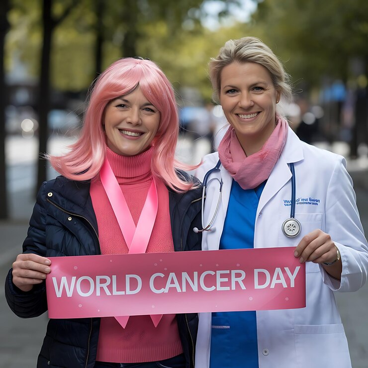 dos mujeres con un cartel que dice Día Mundial del Cáncer