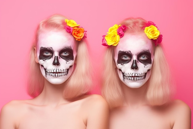 Dos mujeres caucásicas maquillaje para el día de los muertos vacaciones IA generativa