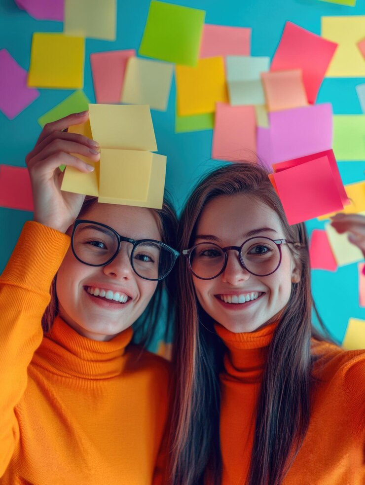 Dos mujeres celebrando el éxito con notas adhesivas