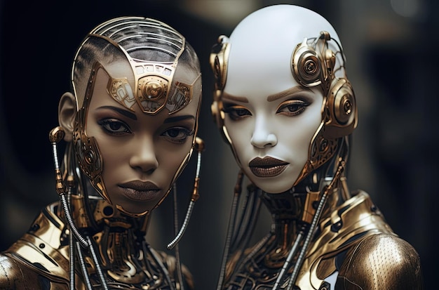 dos mujeres cibernéticas negras con trajes robóticos al estilo de retratos fotorrealistas