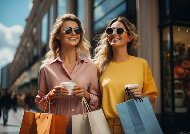 Dos mujeres en la ciudad yendo de compras.