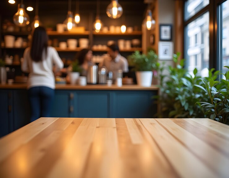 dos mujeres en una cocina con un mostrador de madera y una mujer en el fondo