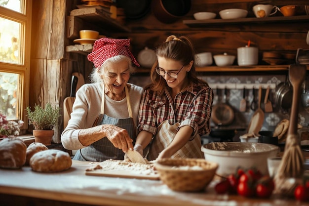 dos mujeres en una cocina preparando comida juntas