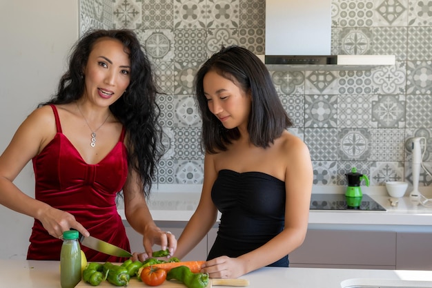 Dos mujeres cocinando en la cocina con vestidos, uno de ellos cortando verduras, fondo estampado horizontal