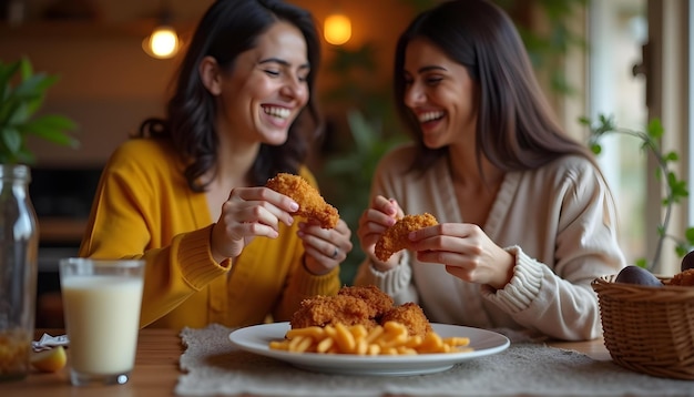 dos mujeres comiendo comida con una sosteniendo un plato de pollo