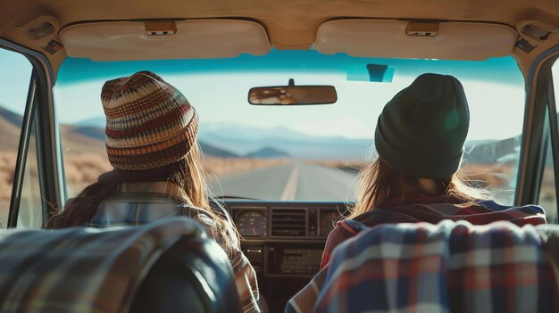 Foto dos mujeres conduciendo a través del desierto en un coche de época ambos llevan gorros y miran hacia el camino por delante