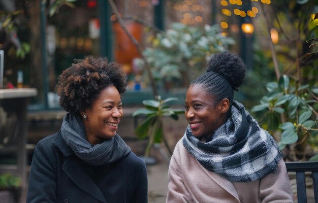 Dos mujeres conversando sentadas en un banco en un parque público