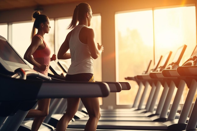 dos mujeres corriendo en una cinta de correr con el sol brillando a través de la ventana