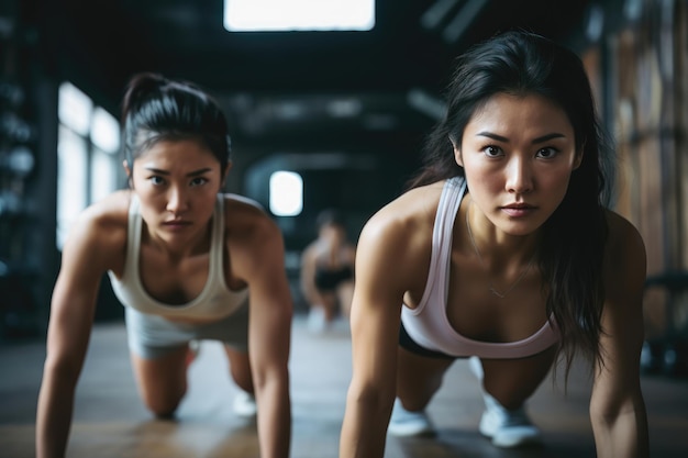 Dos mujeres decididas haciendo flexiones en un gimnasio con poca luz enfocadas y fuertes