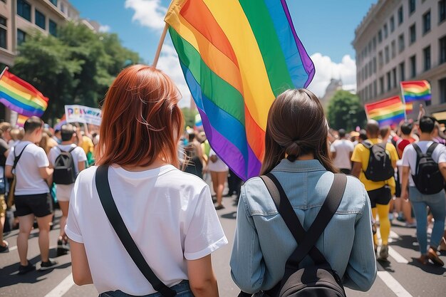 Foto dos mujeres en el desfile lgbt con una bandera arco iris vista desde la parte de atrás