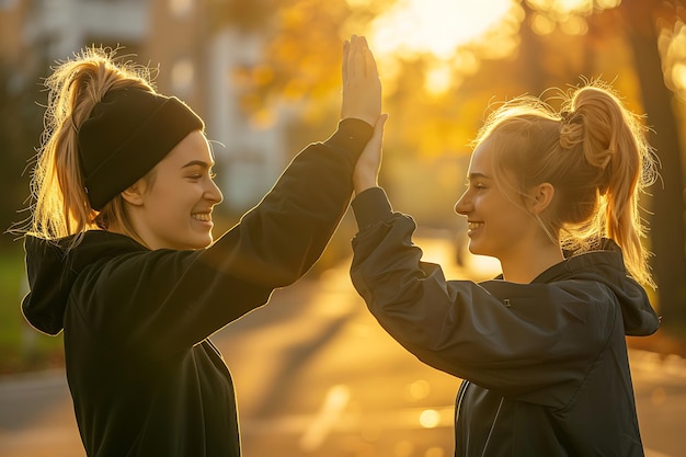 Foto dos mujeres después de un entrenamiento urbano dando los cinco por excelentes resultados